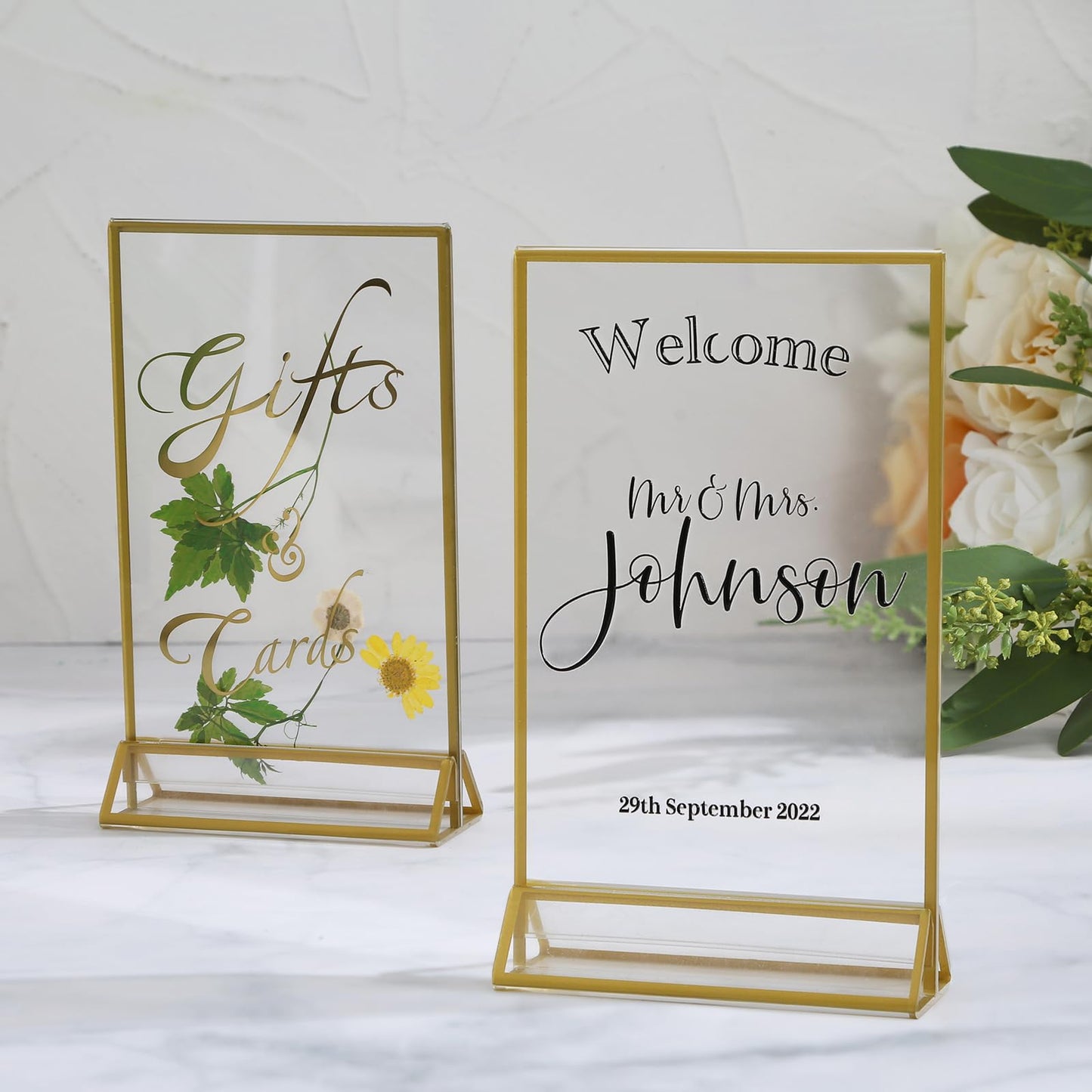 UNIQOOO Acrylic Sign Holders with Golden Border, Portrait View, Pack of 12 | 4x6 Inches Double Sided Clear Frame, Perfect for Wedding reception, Centerpiece, Decoration, Party,Anniversary, Event
