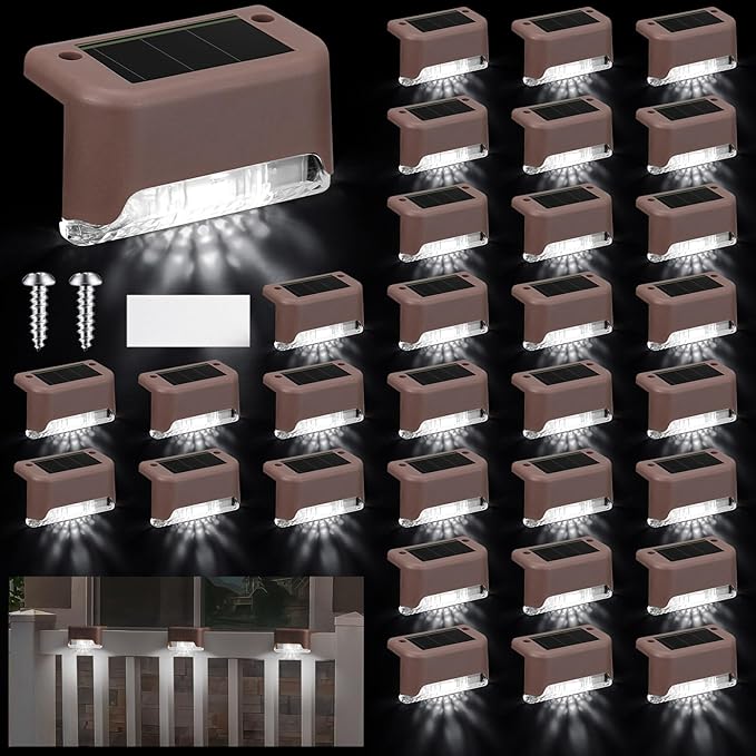 Geelin 32 Pcs Solar Deck Lights Outdoor, Waterproof LED Solar Step Fence Lights for Stairs, Step, Railing, Patio, Driveway, Garden, Pathway and Yard(Brown Shell Cool White Light)