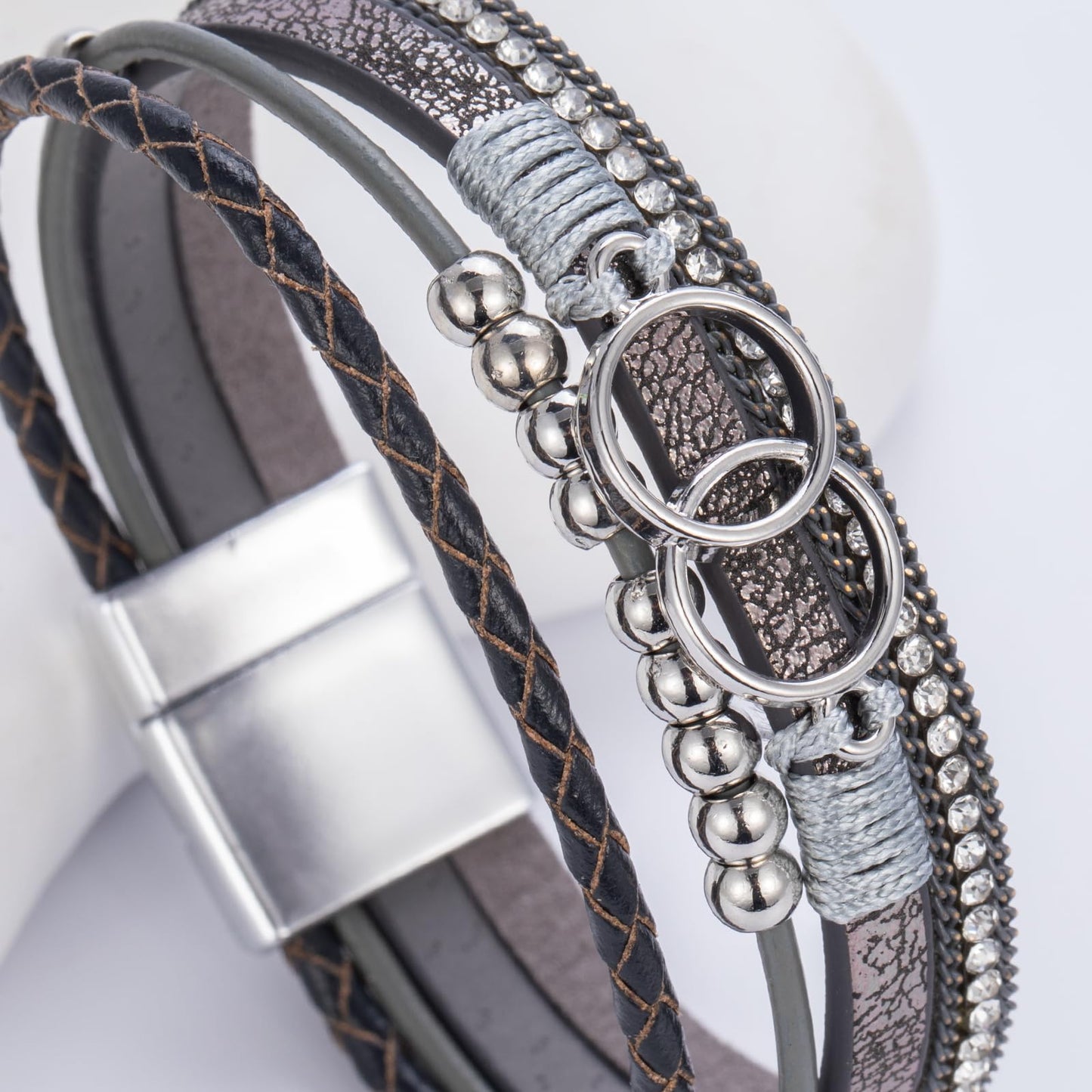 FANCY SHINY Boho Leather Wrap Bracelet Stackable Beaded Infinity Chunky Cuff Bracelets with Magnetic Clasp Western Hippie Outfits Jewelry Gifts for Women(Grey)