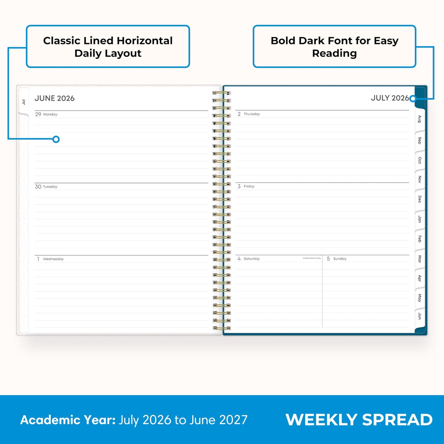 Blue Sky 2026-2027 Weekly and Monthly Academic Year Planner Calendar, July 2026 - June 2027, 8.5" x 11", Flexible Cover, Wirebound, Storage Pocket, Bakah Blue
