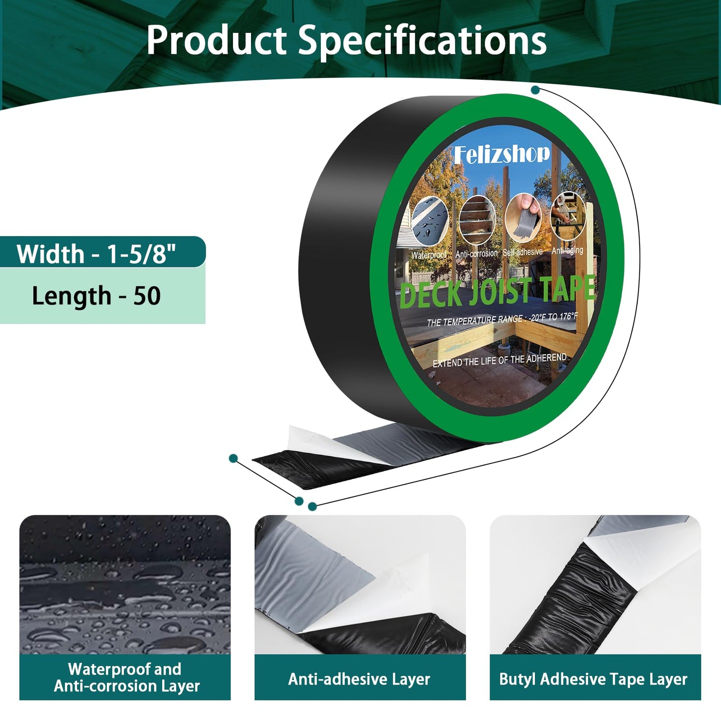 Felizshop Joist Tape, 1-5/8" x 50' Deck Joist Tape, Waterproof Butyl Tape, Self-Adhesive Deck Butyl Tape, Butyl Flashing Tape,Joist Tape Decking for Protect Beams and Wood Decks (8 Rolls)