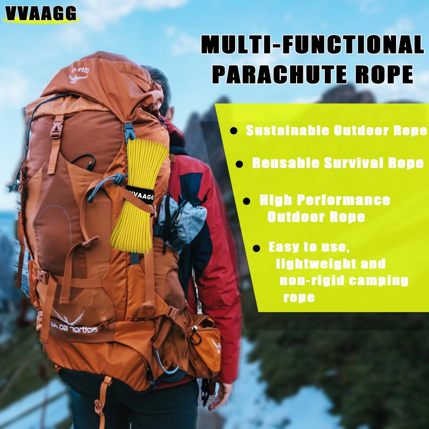 VVAAGG 1000 Paracord Rope, 50ft 12 Strand Parachute Cord for Crafting, DIY Projects, Survival Bracelets, Camping, Tent, Clothsline, Outdoor Hiking, Fishing (Yellow, 50FT)