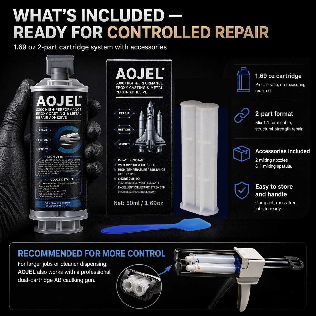AOJEL 2-Pack Metal Epoxy, 2-Part Structural Repair Adhesive for Metal & Aluminum Repair, Load-Bearing, Waterproof, Heat Resistant to 392°F, Drillable After Cure, Total 3.38 oz