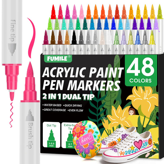 FUMILE 48 Colors Dual Tip Acrylic Paint Pens,Paint Markers With Extra Fine Tip and Brush Tip for Wood, Rock, Glass, Ceramic, Canvas, Paper.Paint Markers for DIY Craft,Pumpkin and Christmas