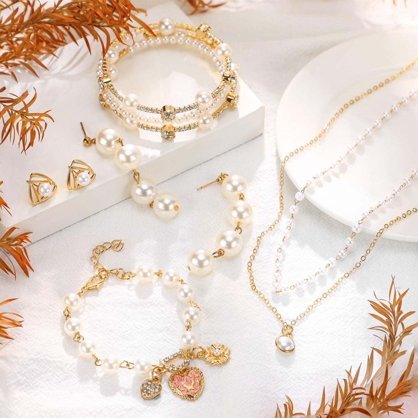 Glenmal Pearl Rhinestone Jewelry Set for Women Pearl Necklace Bracelet Earrings for Wedding Birthday Bridal Shower Tea Party(Stylish Style)
