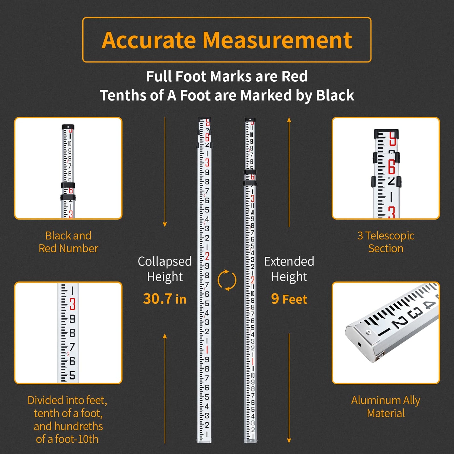 Firecore 9-Foot Aluminum Grade Rod – 10ths, Dual Sided 3-Section Telescopic Survey Rod