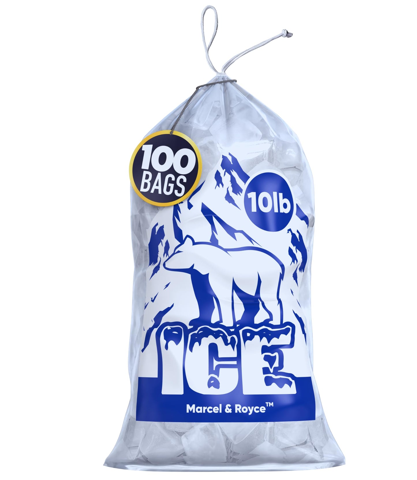 Marcel & Royce Plastic Ice Bags With Drawstring - 10 LB 100 Pack | Clear Cube Bags for Storing Ice | Heavy Duty Bags for Ice Machine | Reusable BPA FREE