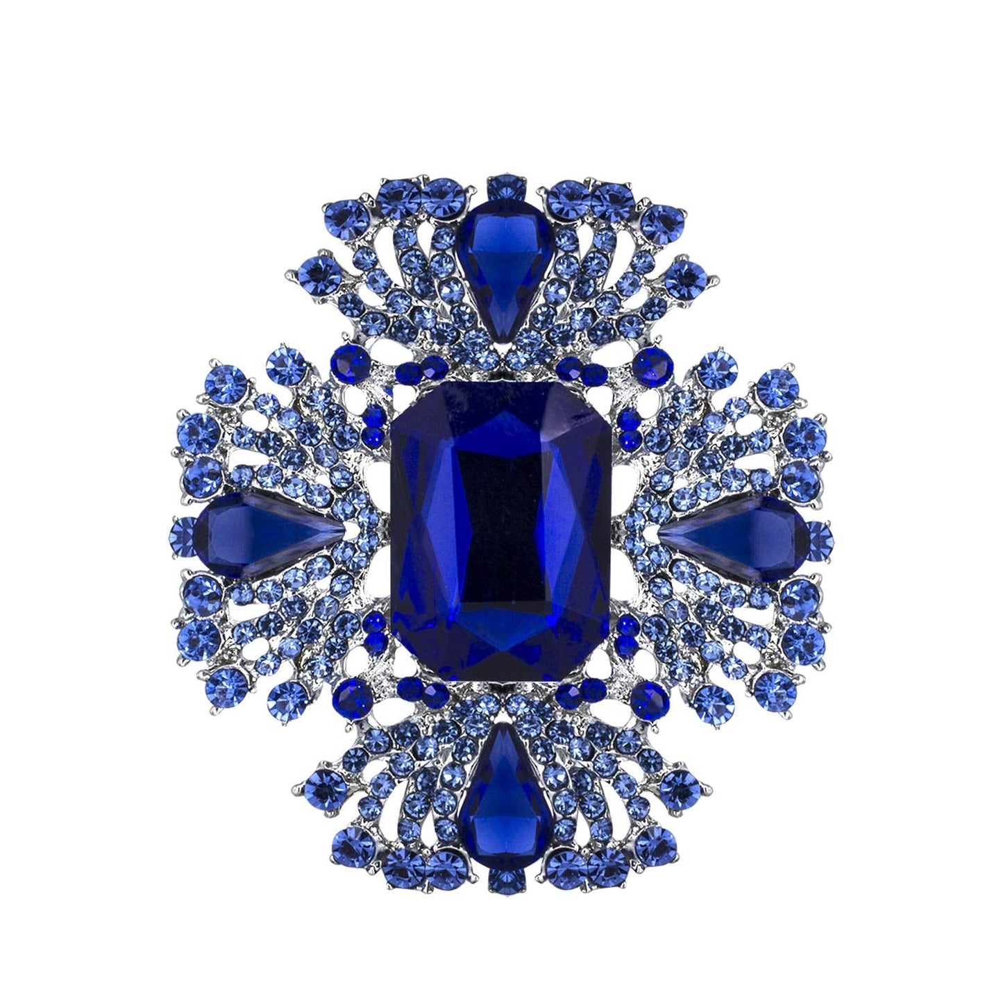 YOQUCOL Vintage Blue Austrian Crystal Rhinestone Cross Flowers Shaped Brooch Pin Elegant Jewelry For Women