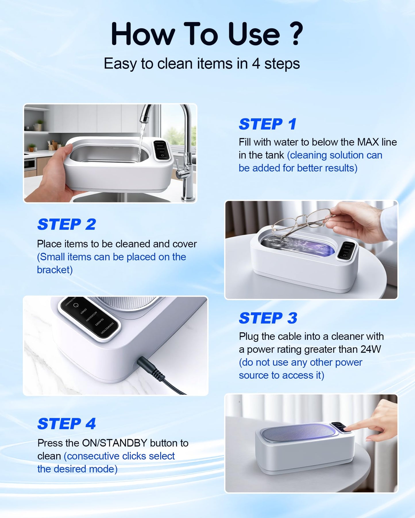 Ultrasonic Jewelry Cleaner Machine, 48KHz Ring Ultrasonic Cleaner, 4 Cleaning Modes - Suitable for Eyeglasses, Jewelry, Rings, Watchbands, Braces, Dentures, 13.5oz 304 Stainless Steel Tank for Gift