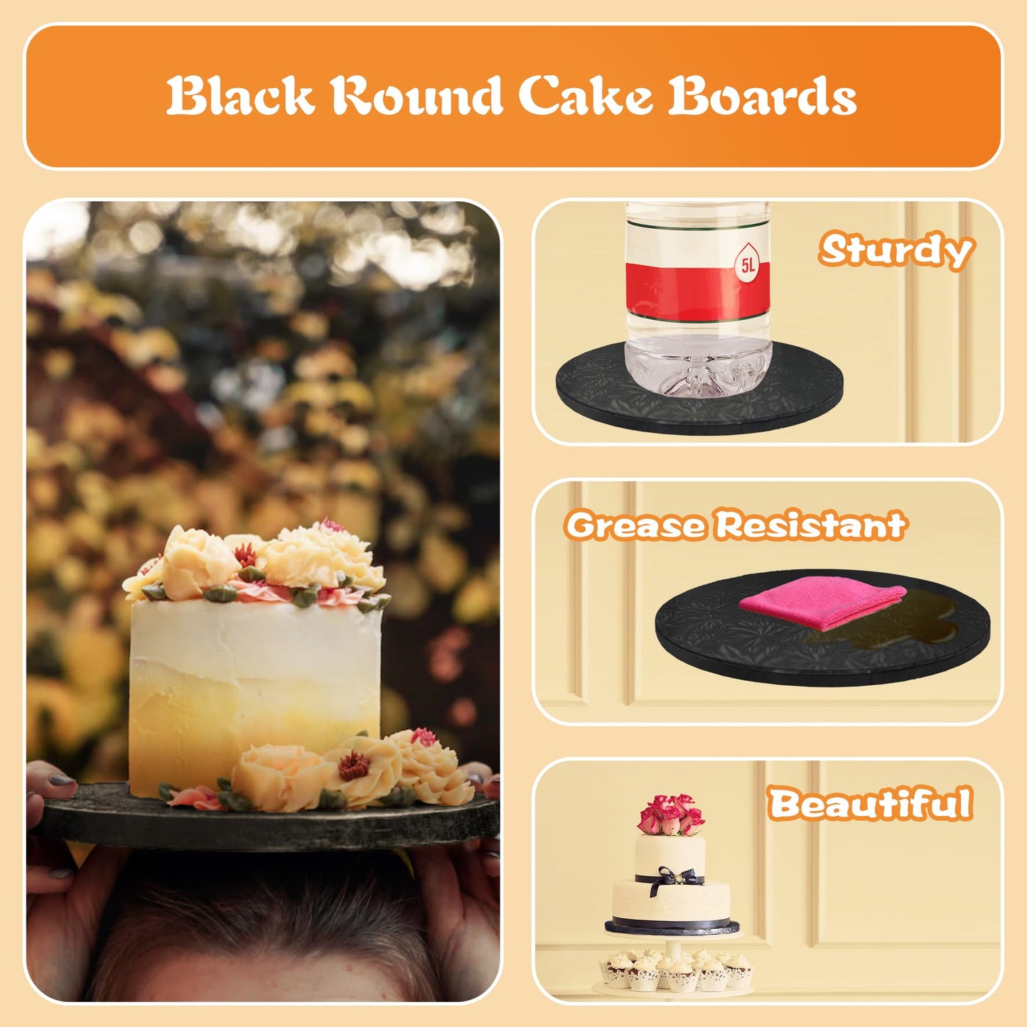 GoldenBakeryFamily 12 Inch Cake Drums,Black Cake Boards 12 Inch Round(4-Pack),1/2 Inch Thick Cake Boards with Banner Cake Topper,Sturdy,Greaseproof for Birthday Wedding Multi-Tiered Cake