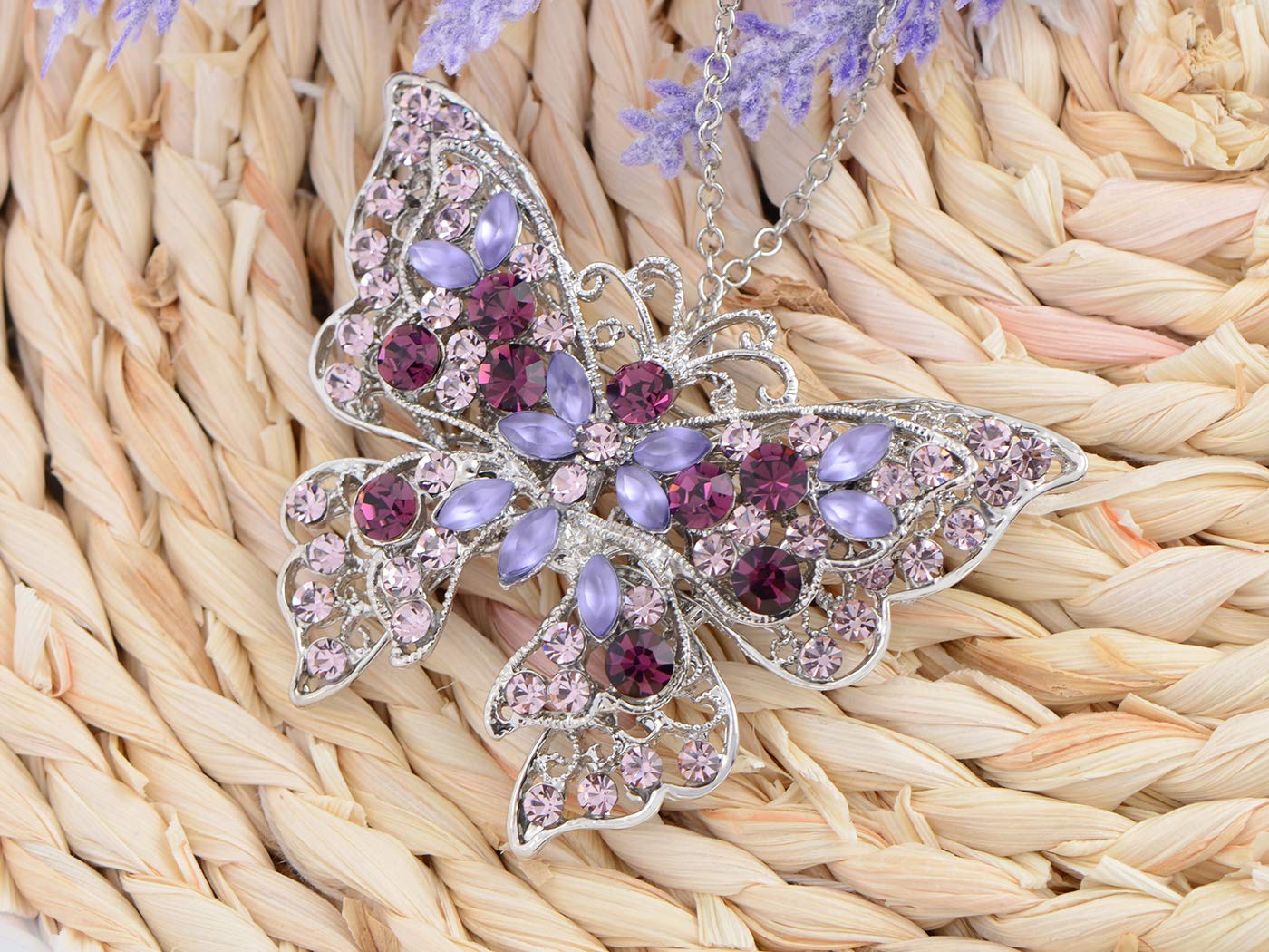 ALILANG Silvery Tone Crystal Rhinestone Hollow Out Butterfly Brooch Pin, Purple