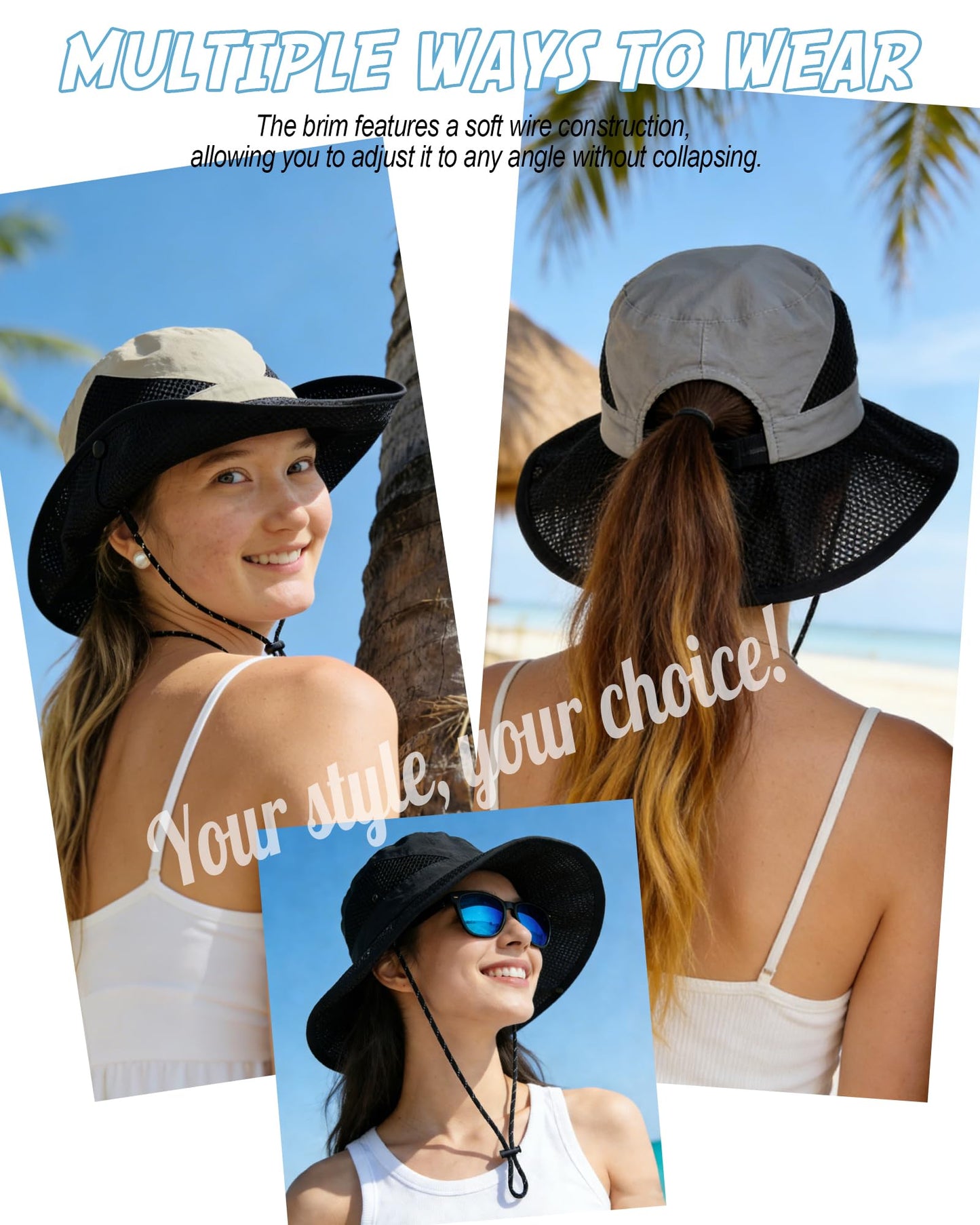 SENWAI Women's Sun Hat with Ponytail Hole, Breathable Foldable Summer Hat with Shapeable Brim for Hiking Beach Gardening, Beige