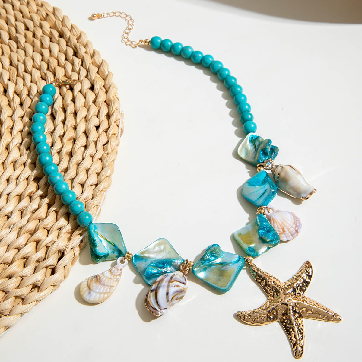 LKingel Gold Starfish Necklaces for Women Beaded Mermaids Starfish Shell Pearl Choker Pendant Necklaces Chunky Beach Necklace Mermaid Charm Necklace Summer Beach Jewelry for Women Blue