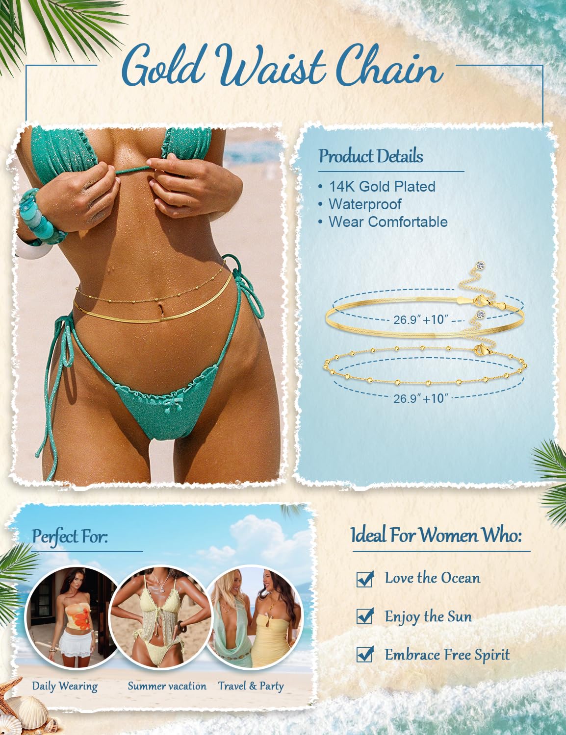 HEVOCY Gold Waist Chain for Women, Trendy Layered Belly Chain Jewelry, Adjustable Body Chain for Beach & Summer Outfit