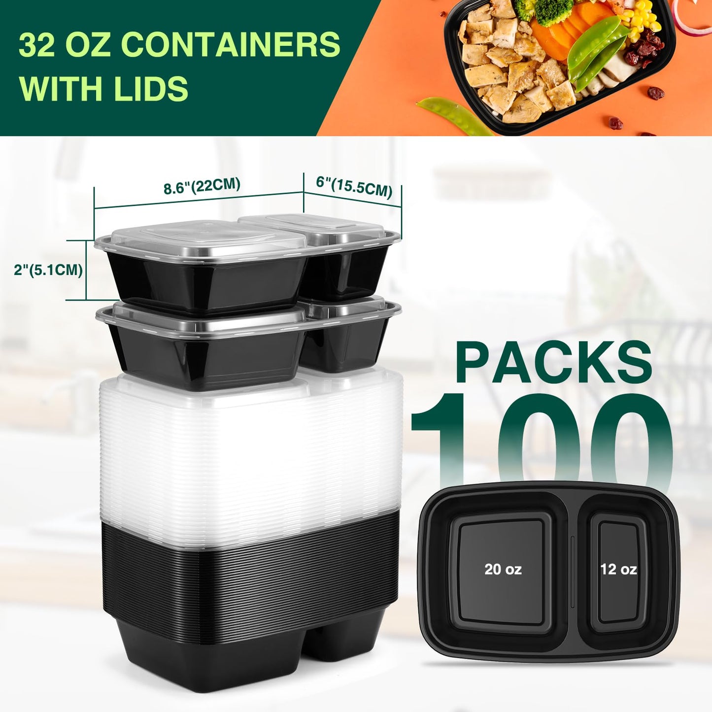 100 Pack (200-Piece)32 oz Meal Prep Containers,2-Compartment Reusable Food Storage Containers with Lids,Microwave Freezer Dishwasher Safe,Sturdy Leakproof&BPA Free Bento Box for To Go Take Out