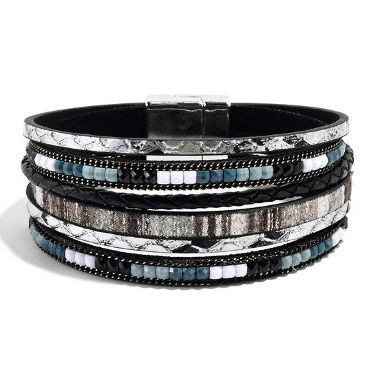 VIBILIA Boho Leather Wrap Bracelets for Women Trendy Layered Multi-Layer Bracelets with Strong Clasp Jewelry for Women-Black