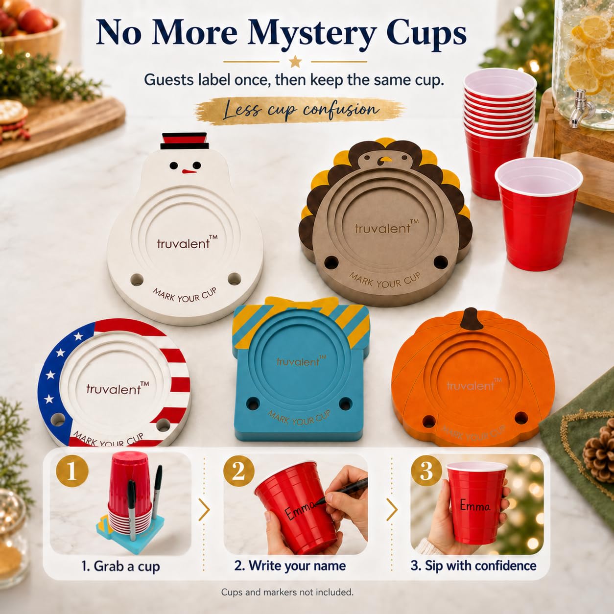 Party Cup Holder for 3-4" Cups - Hosting Essential to Prevent Mix-Ups & Reduce Waste - Sturdy Drink Organizer with Rubber Feet for Family Events - Cups & Markers Not Included (Patriotic Flag)