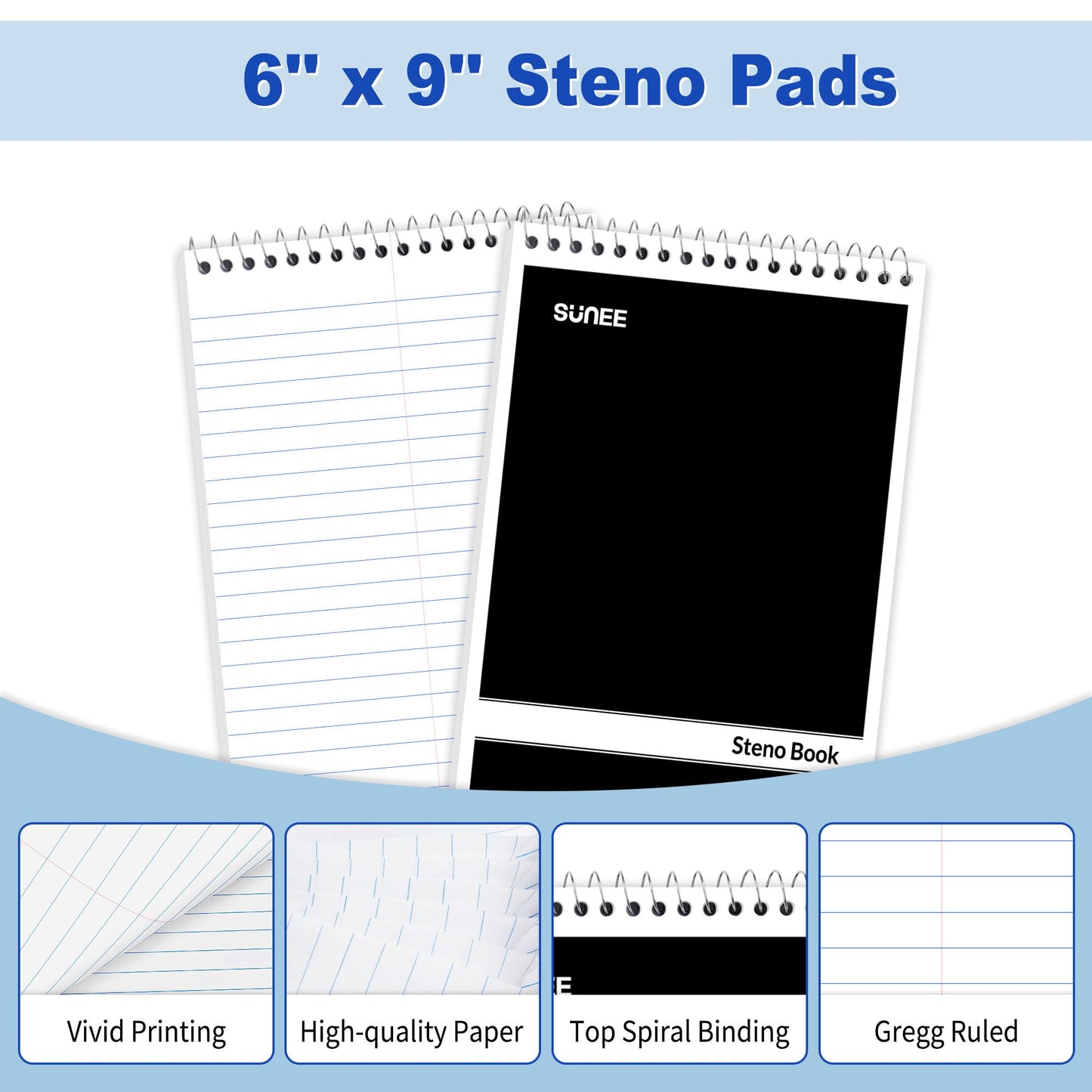 SUNEE 12 Pack Steno Pads 6x9, Gregg Rule, 60 Sheets, Spiral Notebook 6x9, White Paper, Take Notes with Top Spiral Notebook, for School, University, College, Work, Office, Black