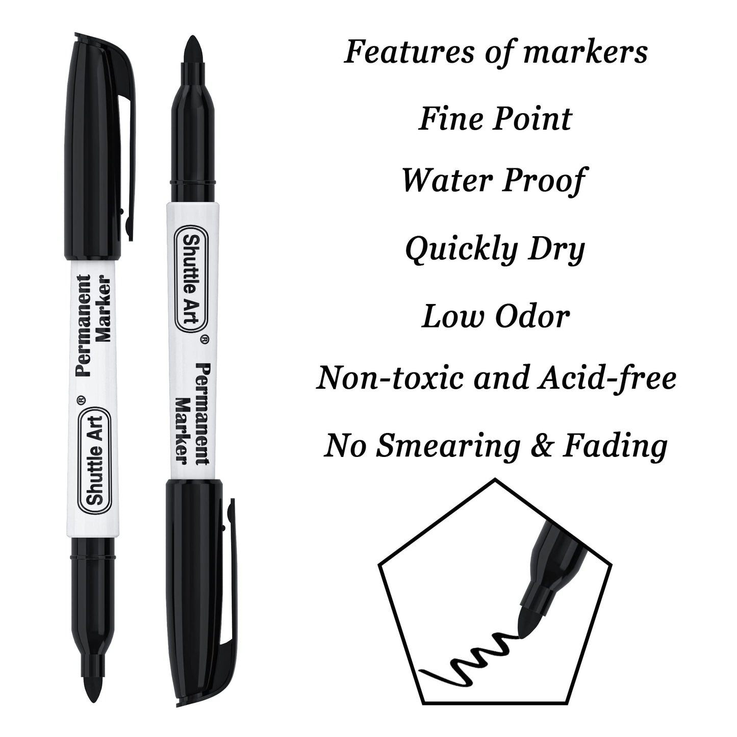 Shuttle Art Permanent Markers, 30 Pack Black Permanent Marker set, Fine Point, Works on Plastic, Wood, Stone, Metal and Glass for Doodling, Marking