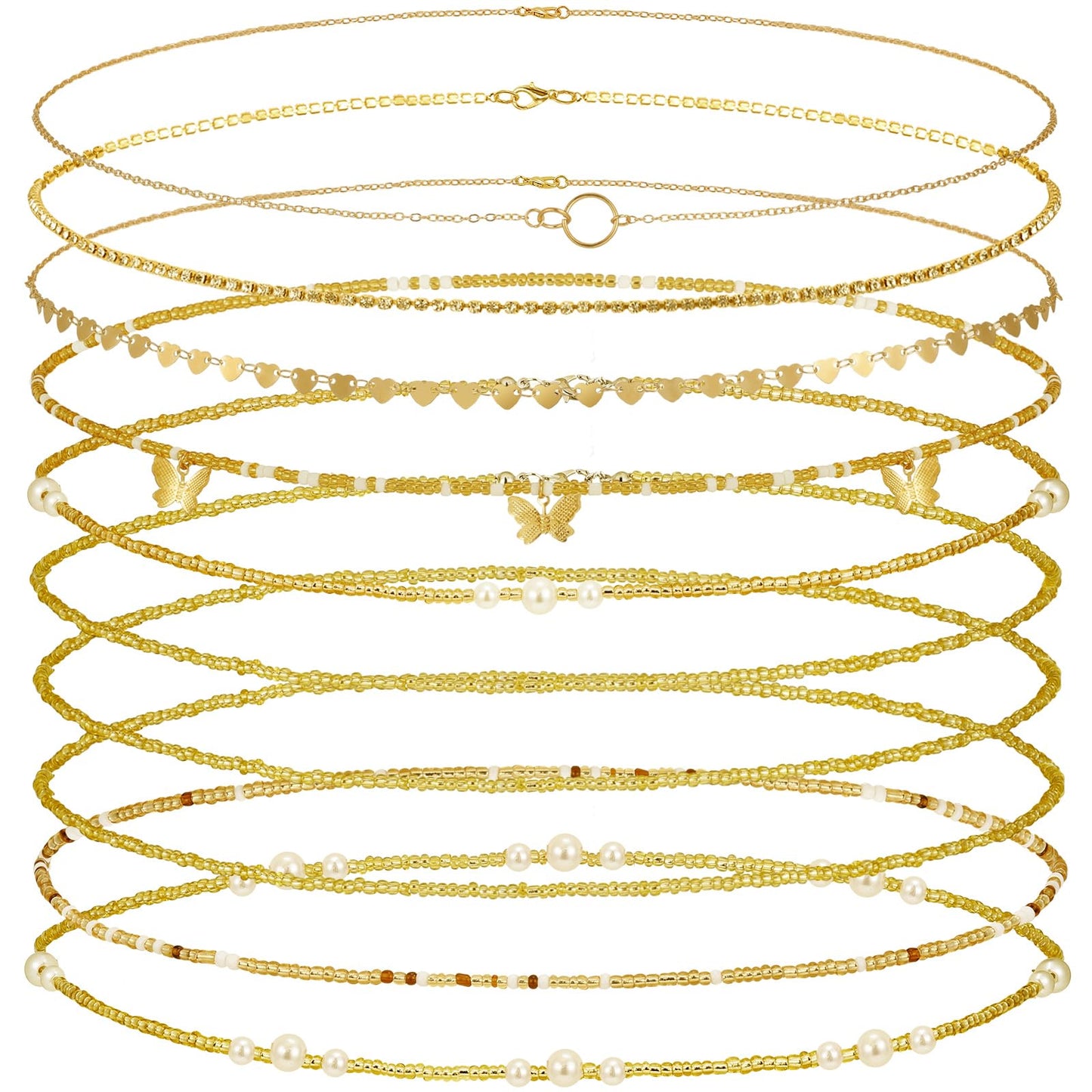 Lenwen 10 Pcs Summer Beach Belly Chain Adjustable Waist Multi Layered Chain Waist Jewelry for Women Girls Multilayer Body(Cute Style,Gold)