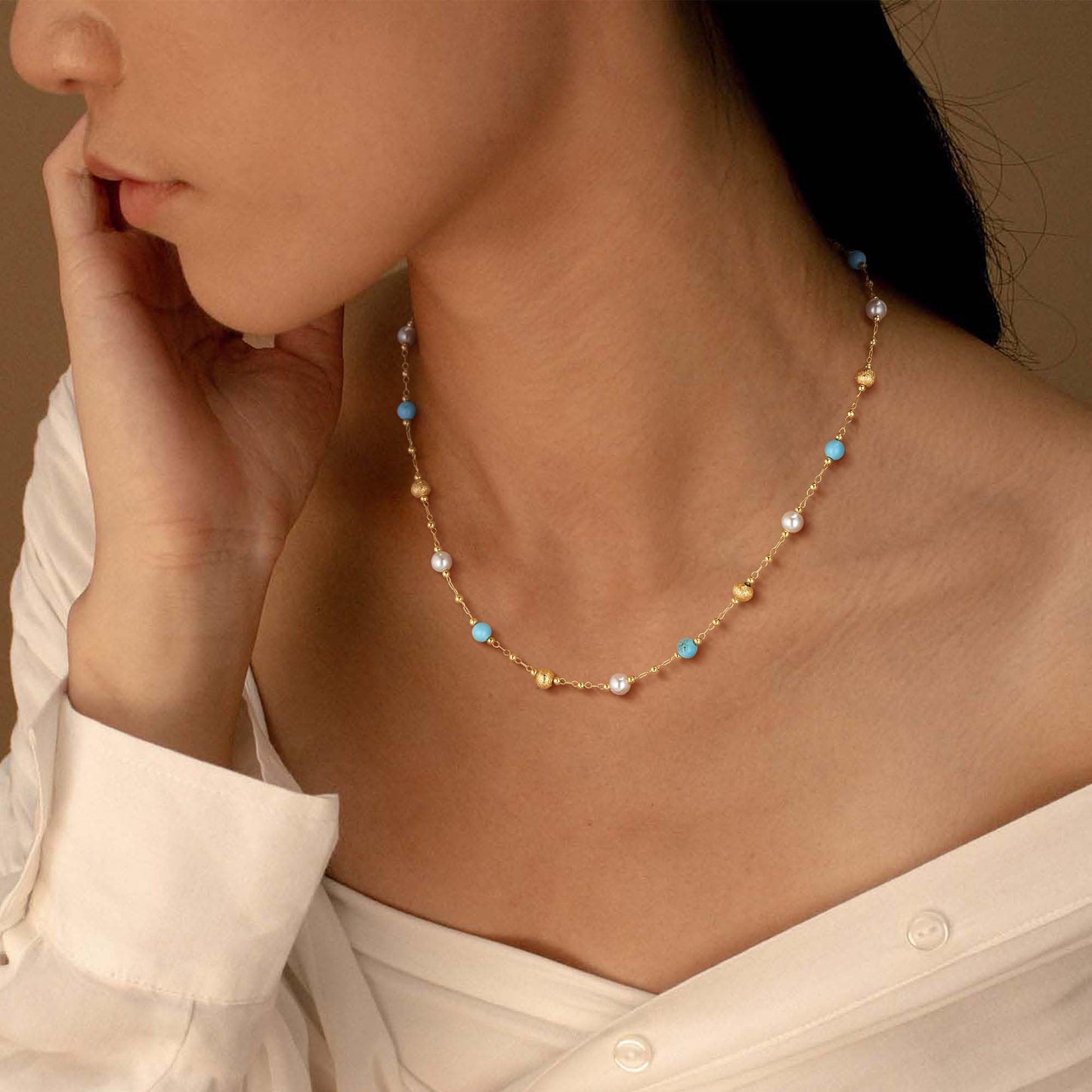 LOLAR RAY Turquoise Jewelry for Women - 14K Gold Plated Round Pearl Beaded Choker Boho Necklaces for Women Summer Beach Boho Choker Bead Gift