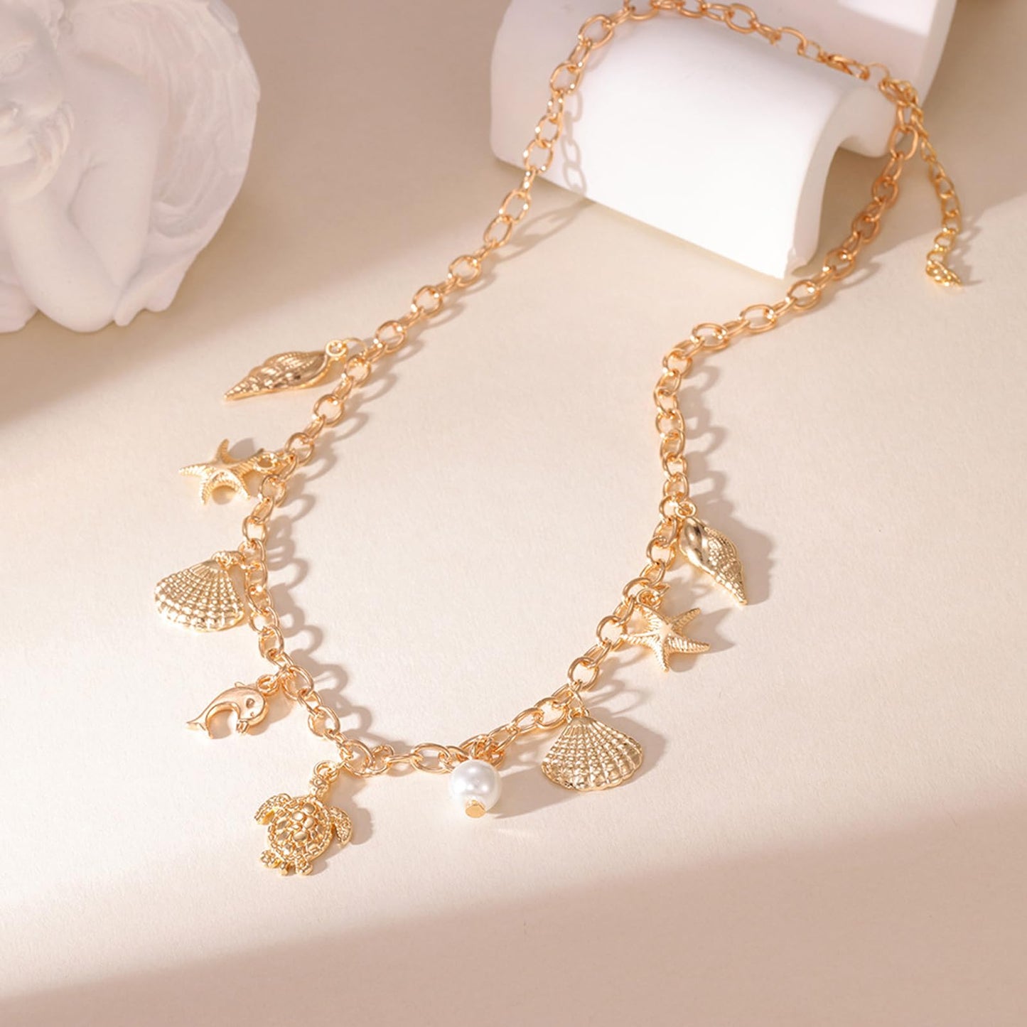 Seashell Charm Necklace for Women, Gold Starfish Beach Jewelry Coastal Vacation Outfits Accessories Summer Dresses Trendy 2026