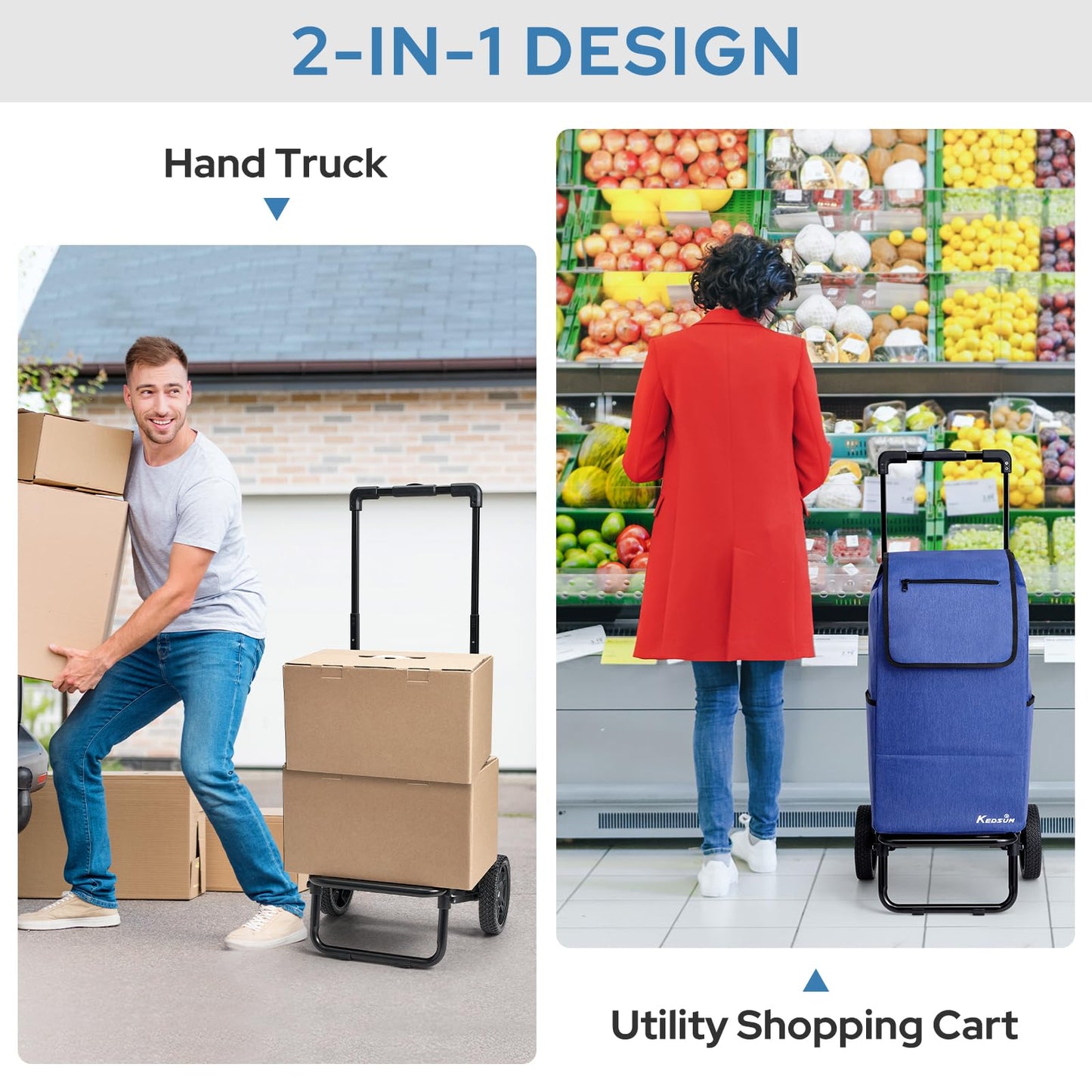 KEDSUM 2 in 1 Shopping Carts for Groceries, 330 lbs Grocery Cart on Wheels, Foldable Utility Carts with Wheels, Load-Bearing Hand Truck with Waterproof Bag for Shopping, Camping, Laundry, Garden, Blue