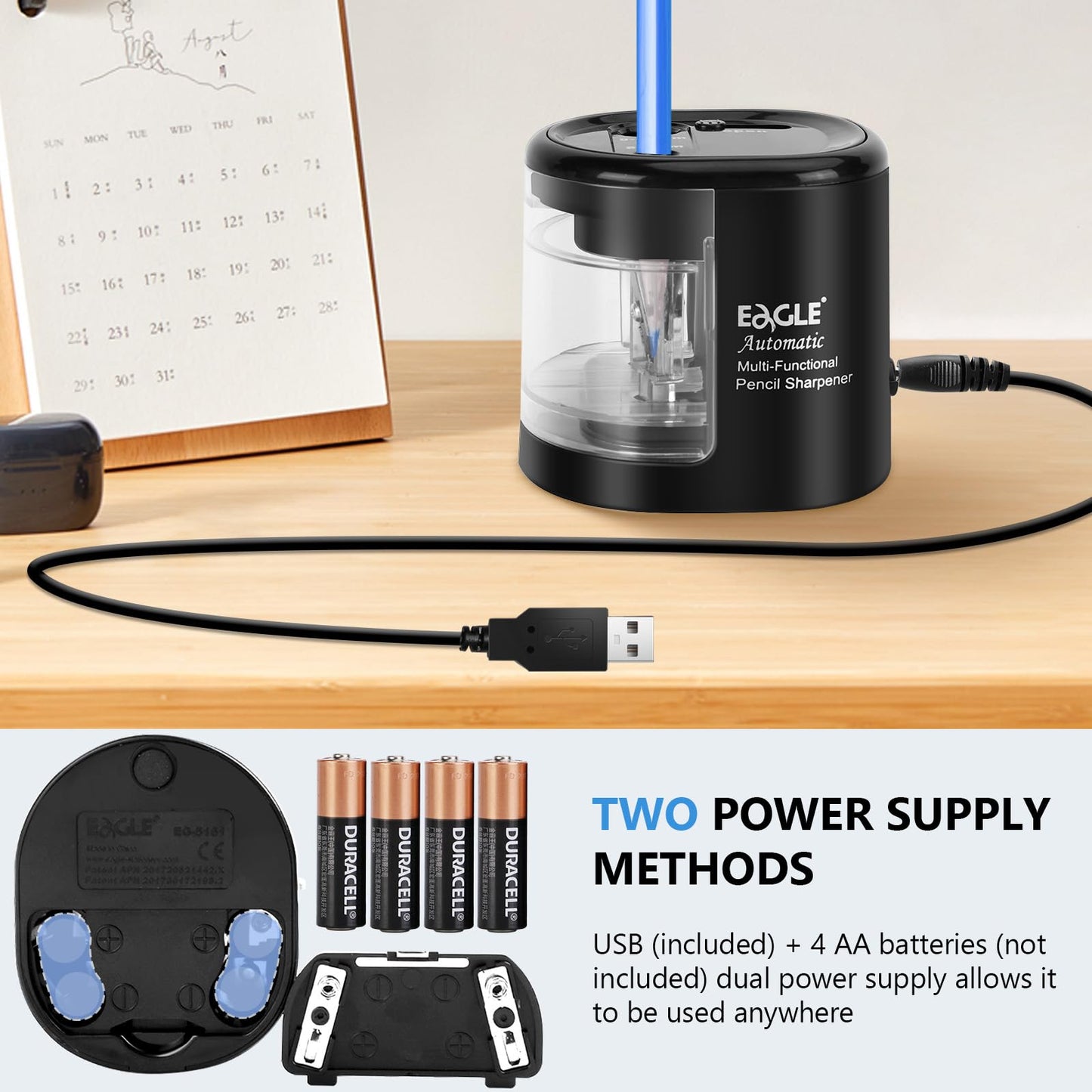 Eagle Electric Pencil Sharpener, Battery or USB Operated, Dual Holes, Dual Blades, fit for Pencils of Size 6-8mm and 9-12mm (Black)