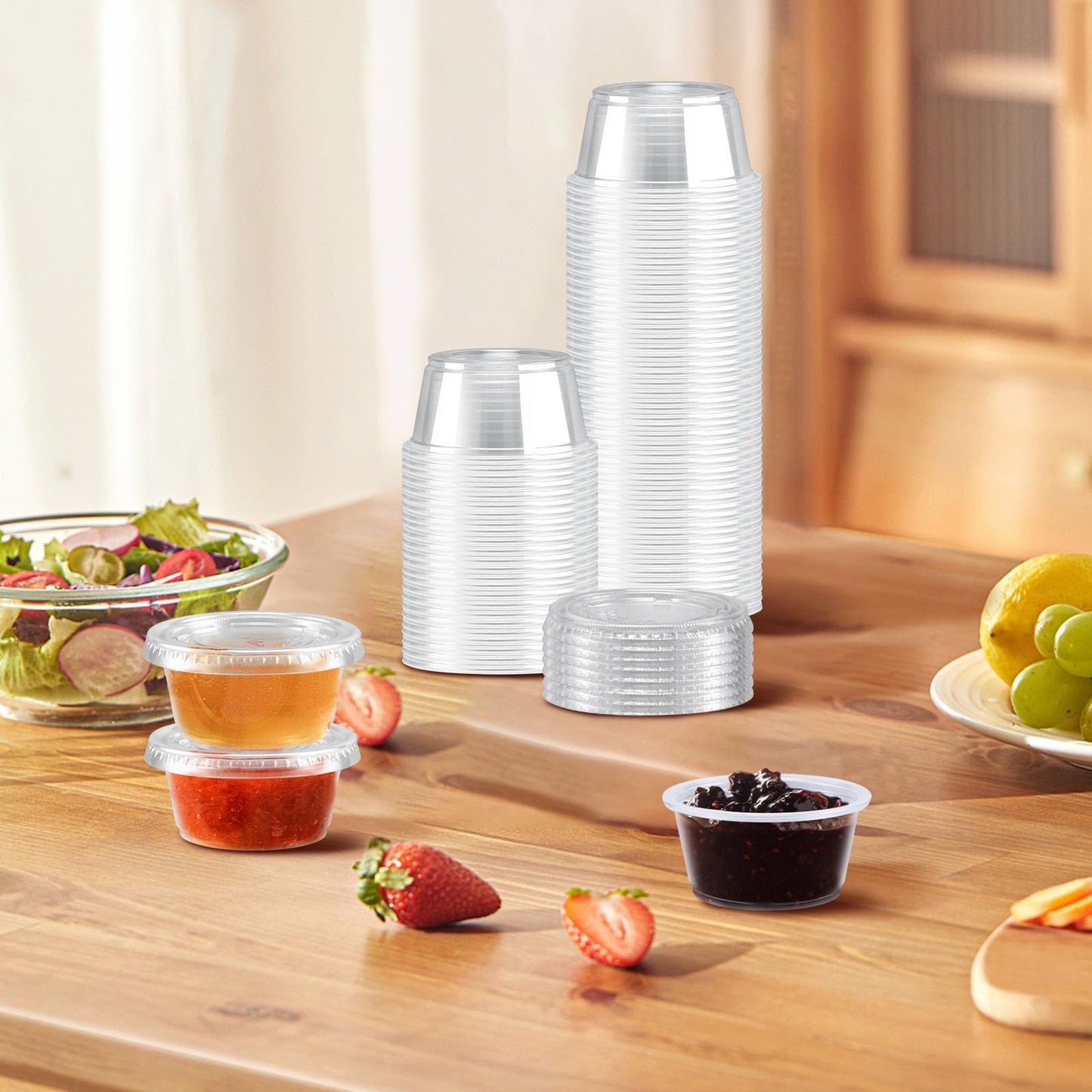 Huifany 400 sets 2 oz Disposable Plastic Portion Cups with Lids, Sturdy Jello Shot Cups, Souffle Cups, Clear Plastic Containers with Lids for Salad Dressing,Condiment and Dipping Sauce