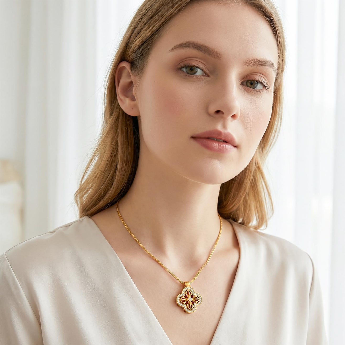 Tessalyn 18K Gold Plated Four Leaf Clover Necklace for Women, Cubic Zirconia Charm Pendant, Adjustable Chain for Everyday & Special Occasions