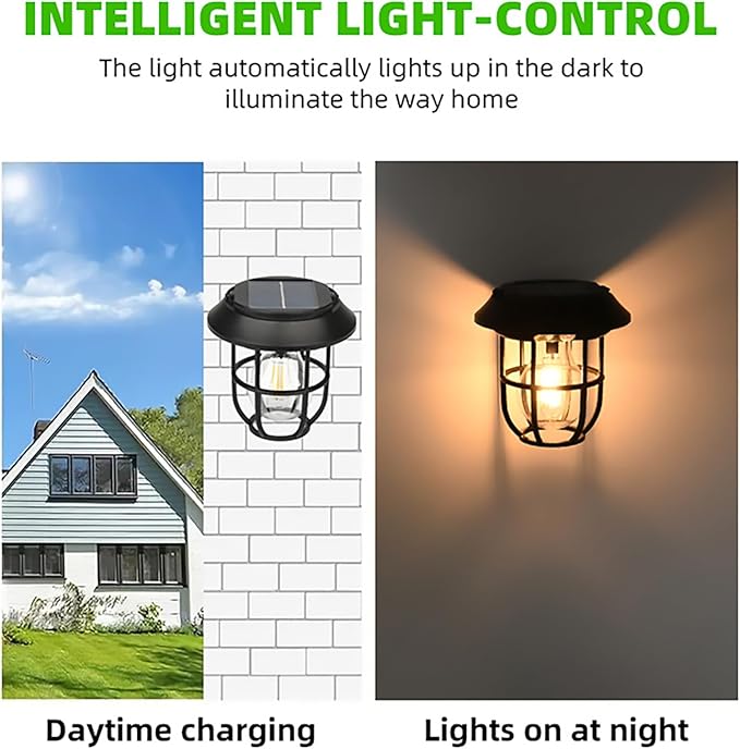 2 Pack Solar Lantern Wall Lights Fixtures with Motion Sensor, Solar Powered Porch Light, Vintage Hanging Solar Wall Sconce Outdoor,for Porch, Yard
