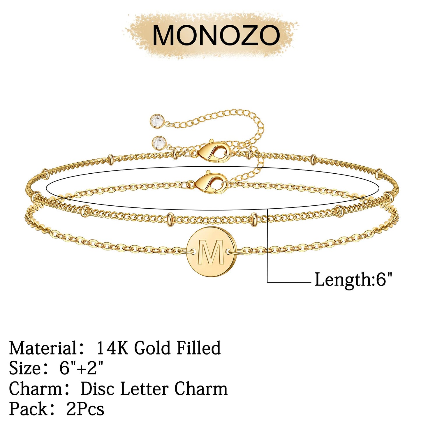 MONOZO Gold Initial Bracelets for Women Jewelry Gifts Trendy, Dainty 14K Gold Plated Layered Beaded M Letter Initial Bracelet Personalized Disc Monogram Charm Bracelets for Women Her Birthday Gifts