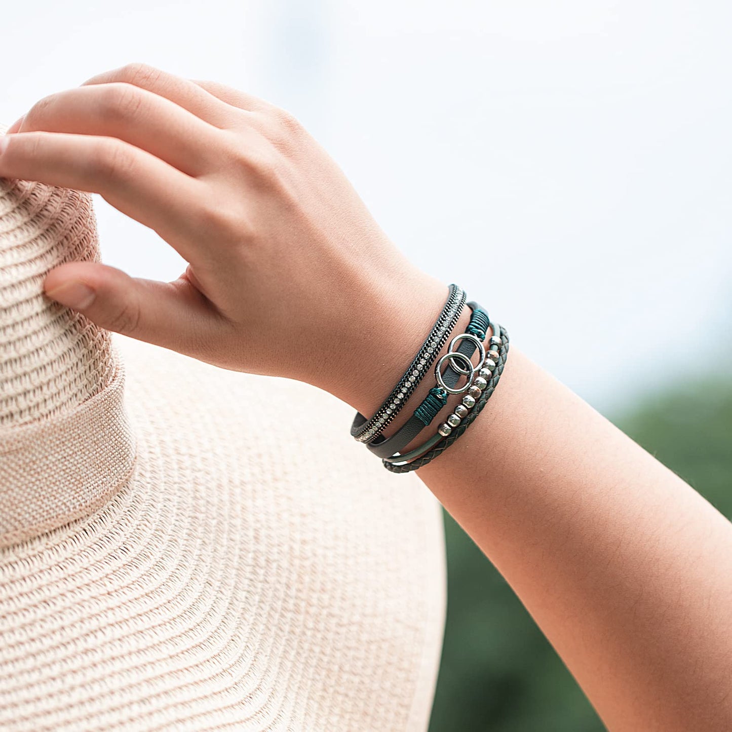 FANCY SHINY Boho Leather Wrap Bracelet Stackable Beaded Infinity Chunky Cuff Bracelets with Magnetic Clasp Western Hippie Outfits Jewelry Gifts for Women(Olive Green)