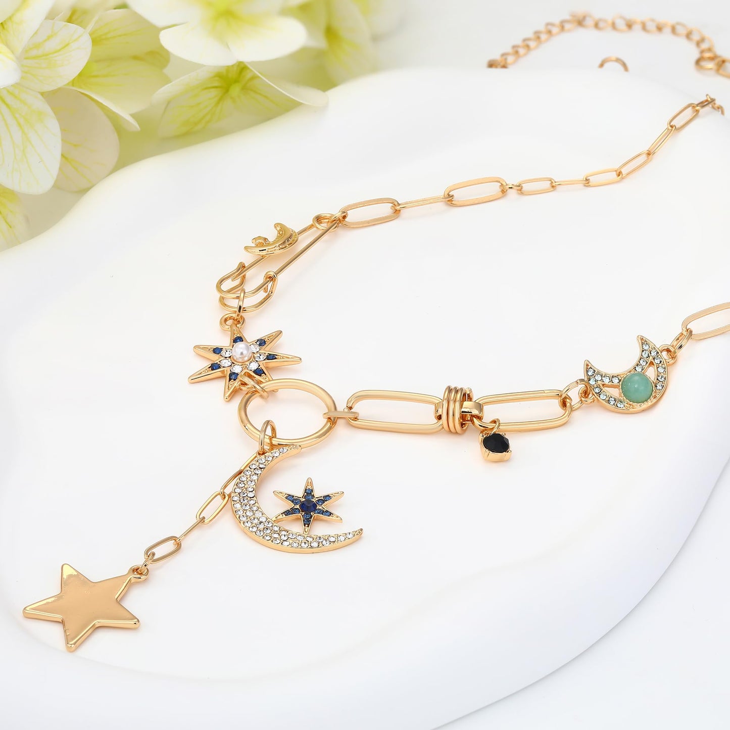 BONJOULRY Charm Necklace for Women Gold Moon and Star Charms Pendant Necklace Vintage Dainty Paperclip Chain Chunky Boho Gothic Y Choker Necklace Jewelry Gifts Celestial
