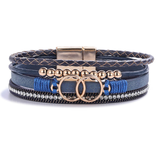 FANCY SHINY Boho Leather Wrap Bracelet Stackable Beaded Infinity Chunky Cuff Bracelets with Magnetic Clasp Western Hippie Outfits Jewelry Gifts for Women(Navy Blue)
