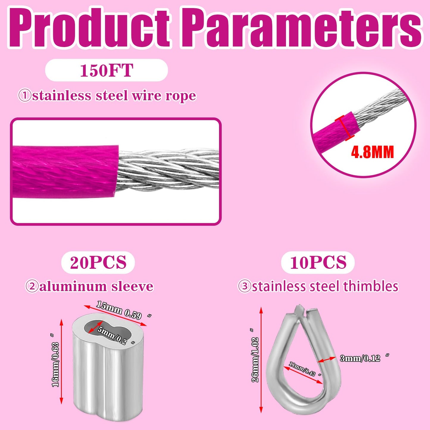 VIVBOO Stainless Steel Cable & Wire Rope 3/16" Vinyl Coated Steel Cable 50ft/100ft/150ft/200ft Length Ideal String Light Cable