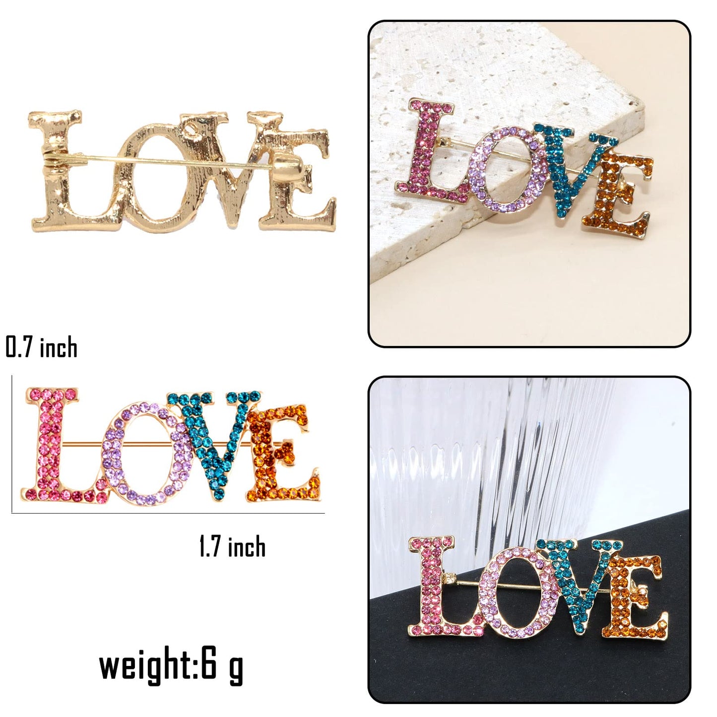 Multicolor Crystal Love Brooch Fashion Elegant Rhinestone Wedding Party Brooches Pin Jewelry Accessories Valentines Gift for Women Girl 14K Gold Plated(Multicolor)