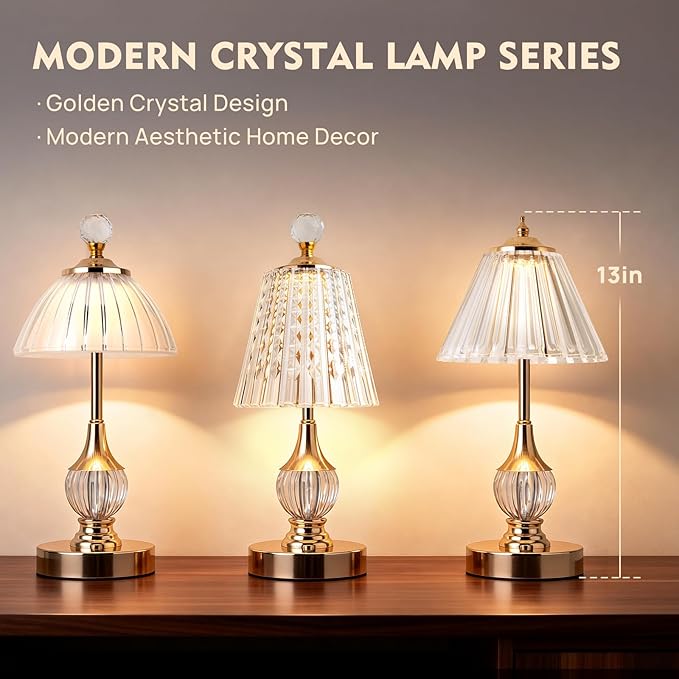 Vintage Gold Crystal Rechargeable Lamp Cordless, LED Touch Battery Operated Table Lamp, 3 Colors Dimmable Portable, Modern Home Decor, Bedroom, Bedside, Living Room, Kitchen, Diamond