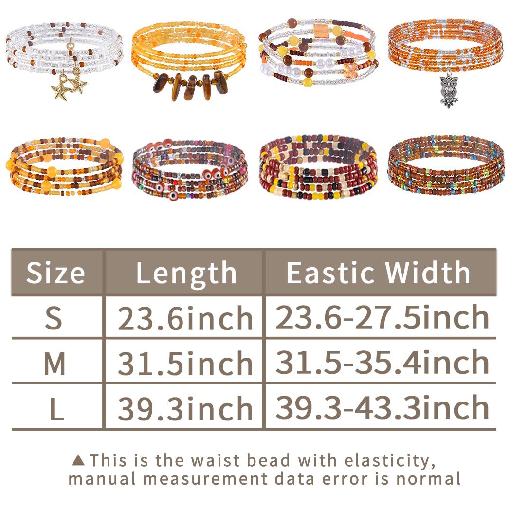 ELABEST 24-39inch African Waist Beads for Women 8Pcs Elastic Belly Beads Colorful Beaded Waist Jewelry Accessories Body Chain (Brown, 39.3inch/100cm)