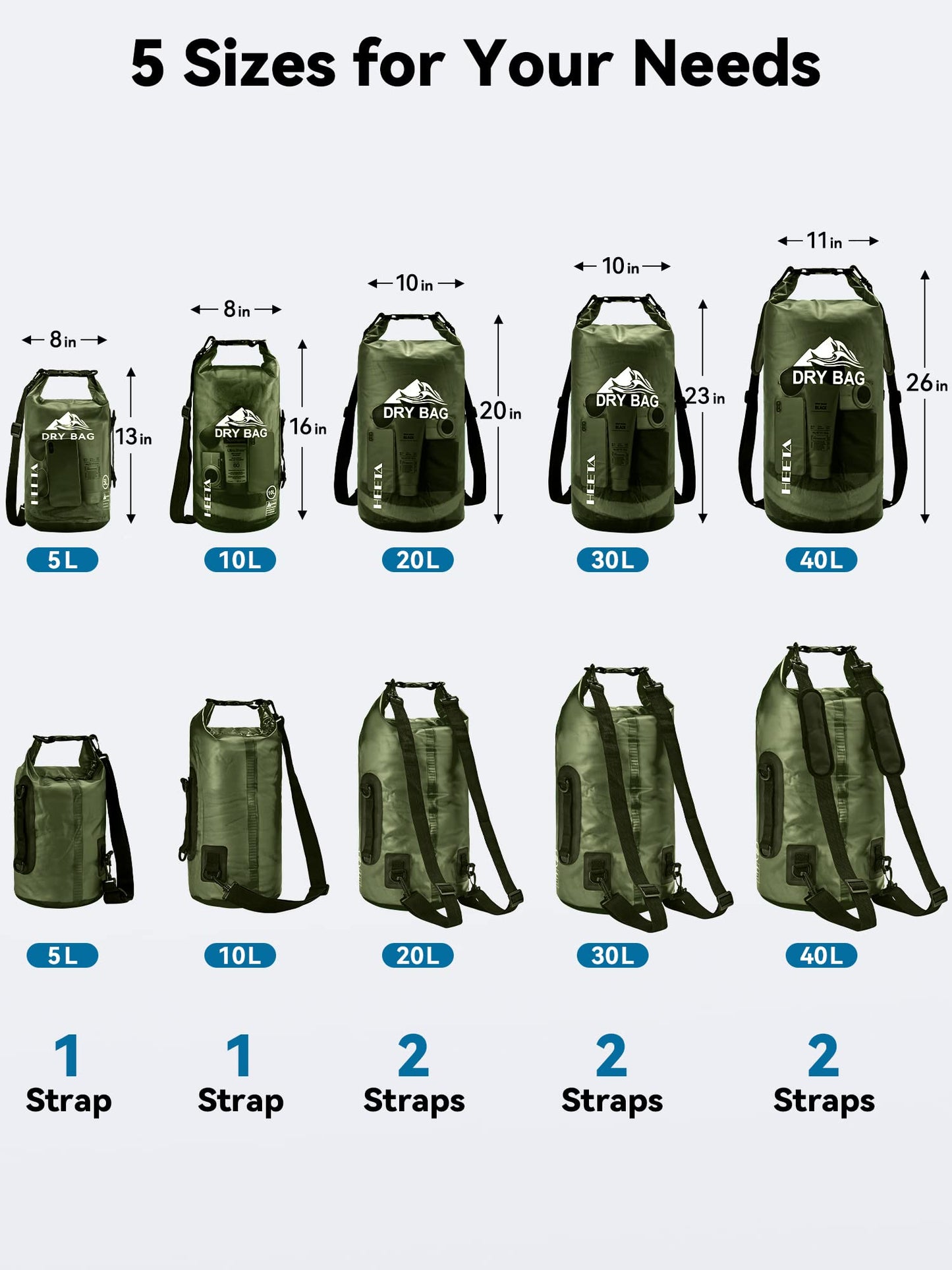 HEETA Dry Bag Waterproof for Women Men, Roll Top Lightweight Dry Storage Bag Backpack with Phone Case for Travel Swimming Boating Kayaking Paddle Board Camping Beach Accessories (Pitch Green, 30L)