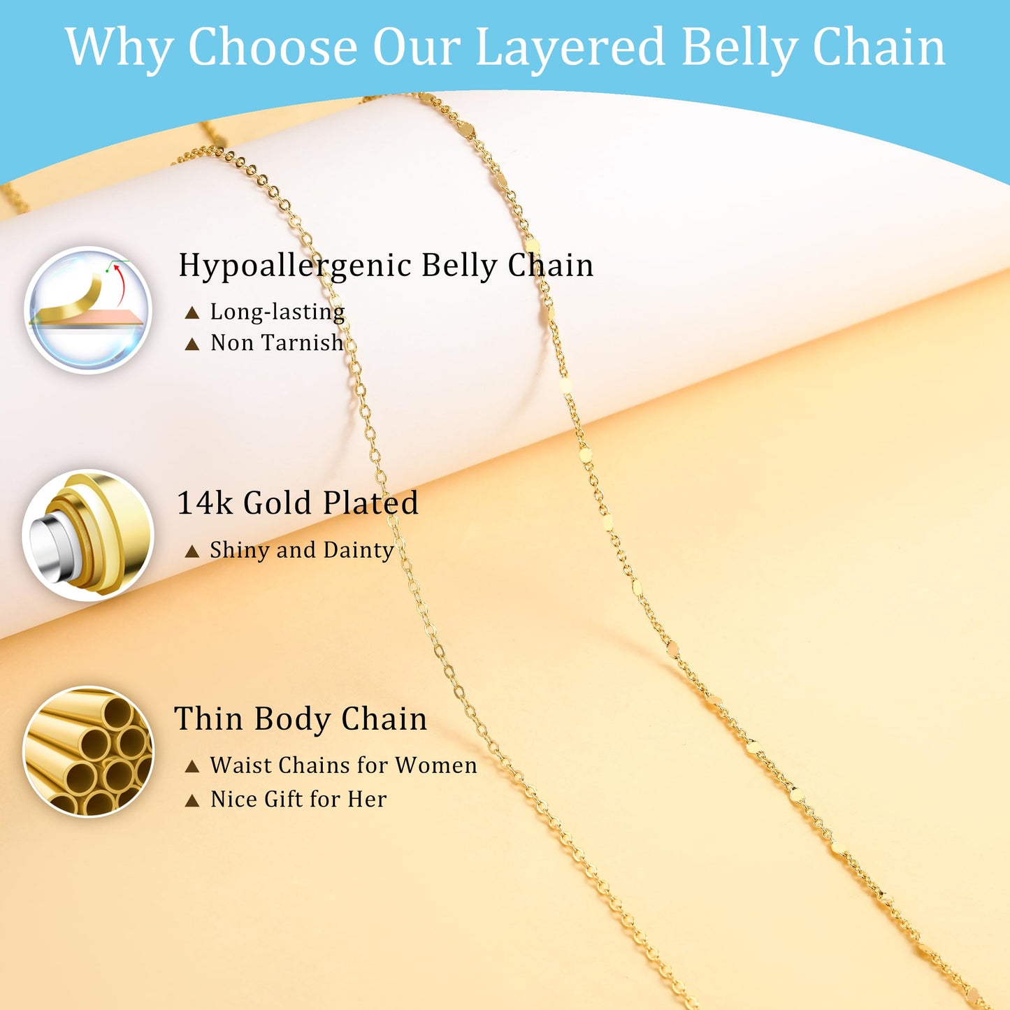 CHESKY 14K Gold Plated Waist Chain for Women, Dainty Layered Belly Belt Chains Beach Waist Chain Waterproof Thin Body Chain Summer Jewelry Accessories for Women
