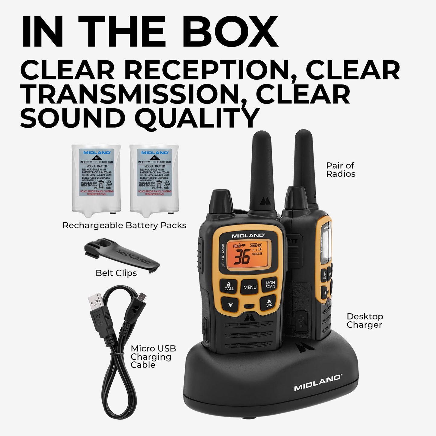 Midland® - T61VP3 X-TALKER - Two-Way Radio - 36 Channel FRS- Long Range Walkie Talkie, 121 Privacy Codes, & NOAA Weather Scan & Alert Black/Yellow, 2-Pack
