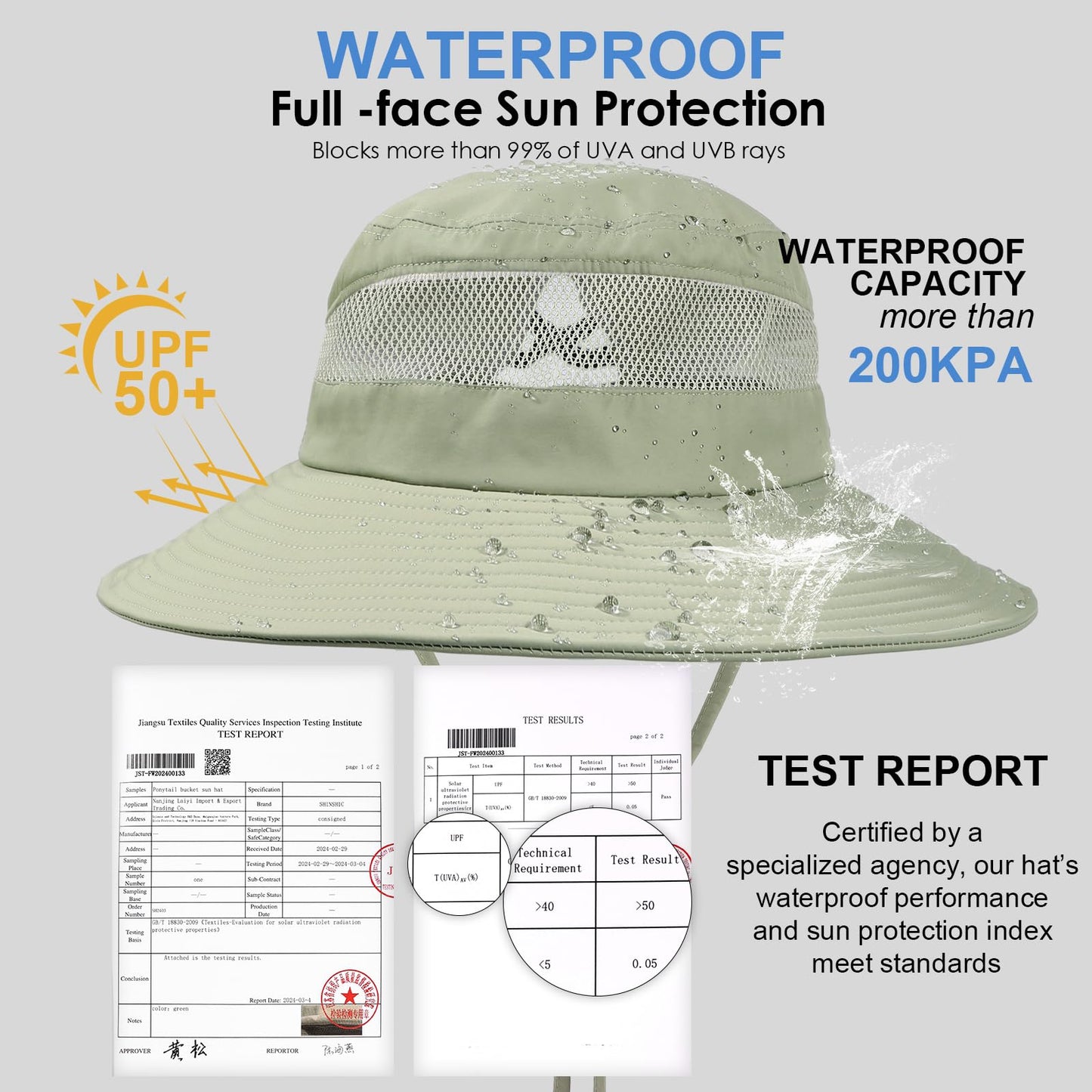 Bucket Sun Hat for Women Wide Brim Breathable Mesh UPF50+ Safari Hat Criss Cross Ponytail Hole Outdoor Rain Hat Pea Green