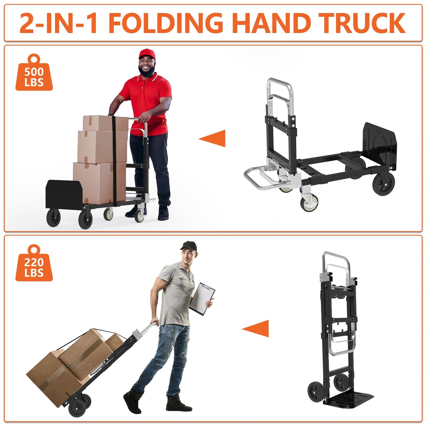 3 in 1 Heavy Duty Folding Hand Truck, Convertible Portable Steel Dolly with Telescopic Handle, Foldable Utility Cart with Rubber Wheels, 500 LBS