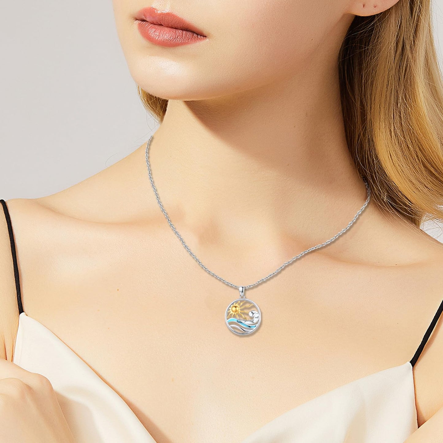 Midir&Etain Ocean Wave Necklace 925 Sterling Silver Sun Pendant Necklace Turquoise Sea Summer Pendant Beachy Wave Jewelry for Women Men