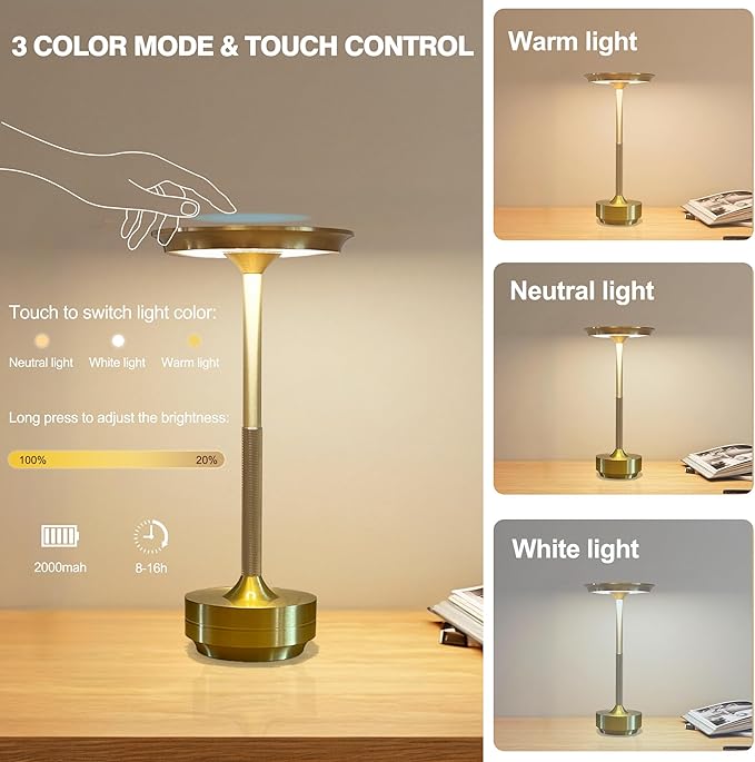 Ecolume Cordless Table Lamp,LED Portable Battery Operated Lamp, Dimmable Stepless 3-Color LED with Memory Function. Portable for Home Office/Dinner/Restaurant/Living Room.(Gold&2Pack)
