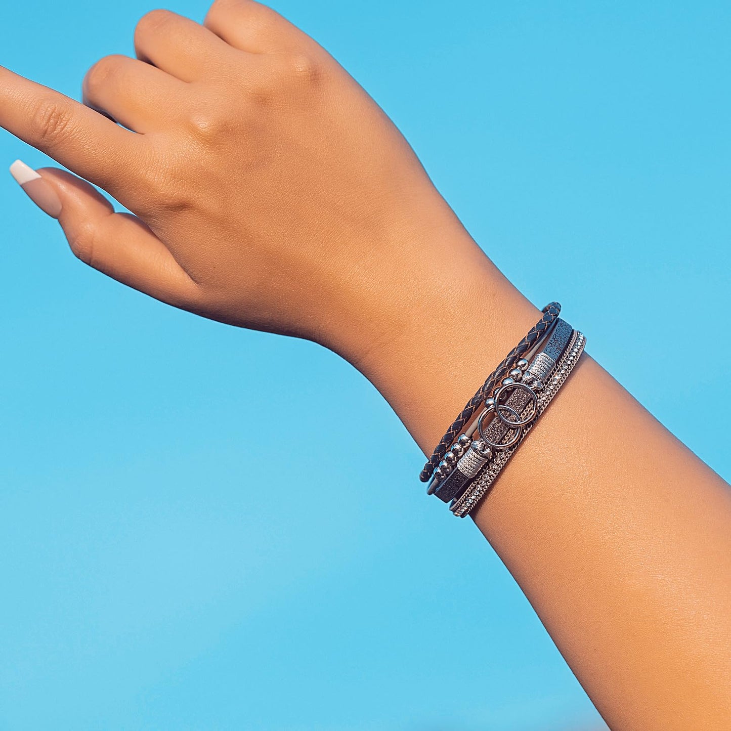 FANCY SHINY Boho Leather Wrap Bracelet Stackable Beaded Infinity Chunky Cuff Bracelets with Magnetic Clasp Western Hippie Outfits Jewelry Gifts for Women(Grey)