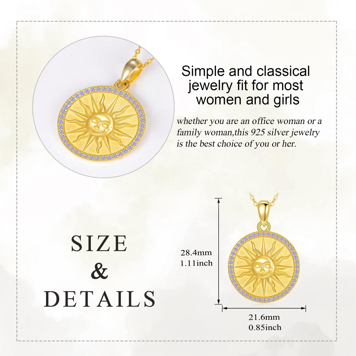 KQF Sun Necklaces for Women Sterling Silver 18K Gold Plated Sun Coin Pendant Birthstone Necklace June Jewelry Gift for Mom