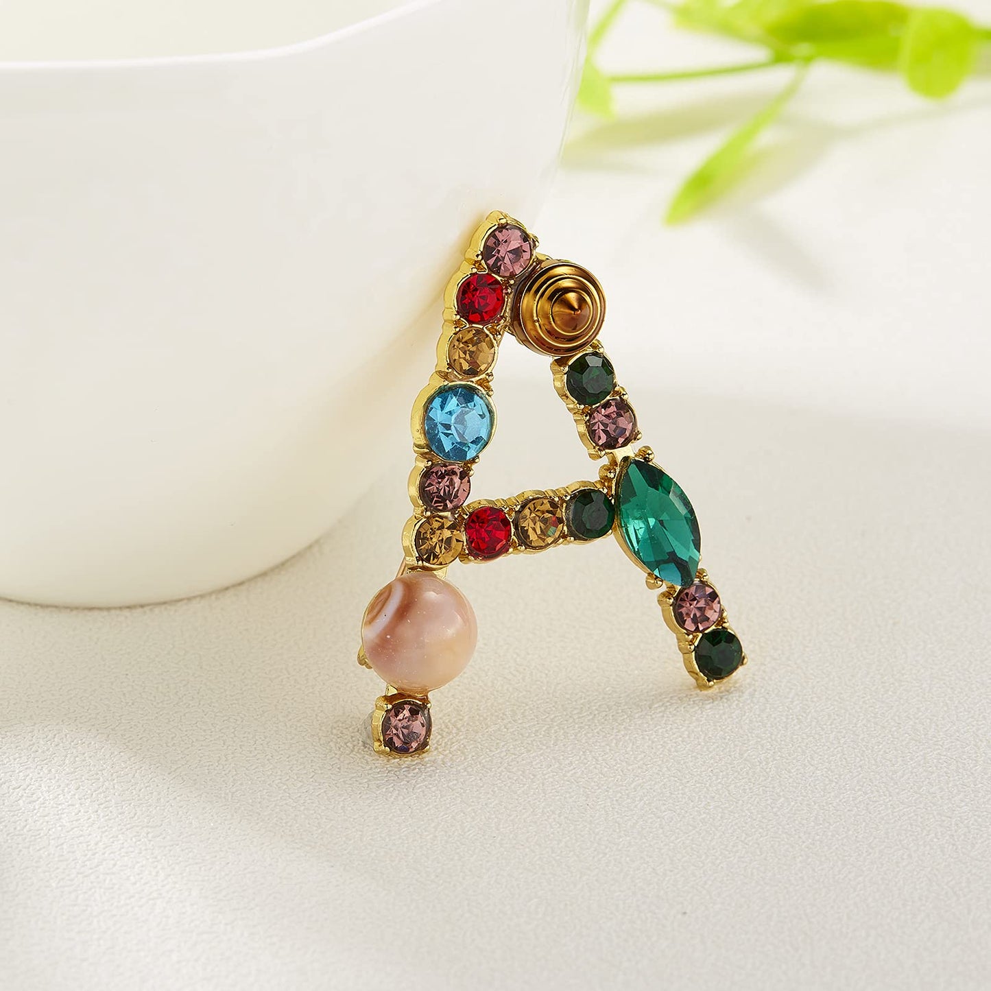 RINHOO Crystal Pearl Initial Brooch Gold Plated Enamel Colorful Letter Alphabet Breastpin Pin Jewelry for GIFTS (Gold A)