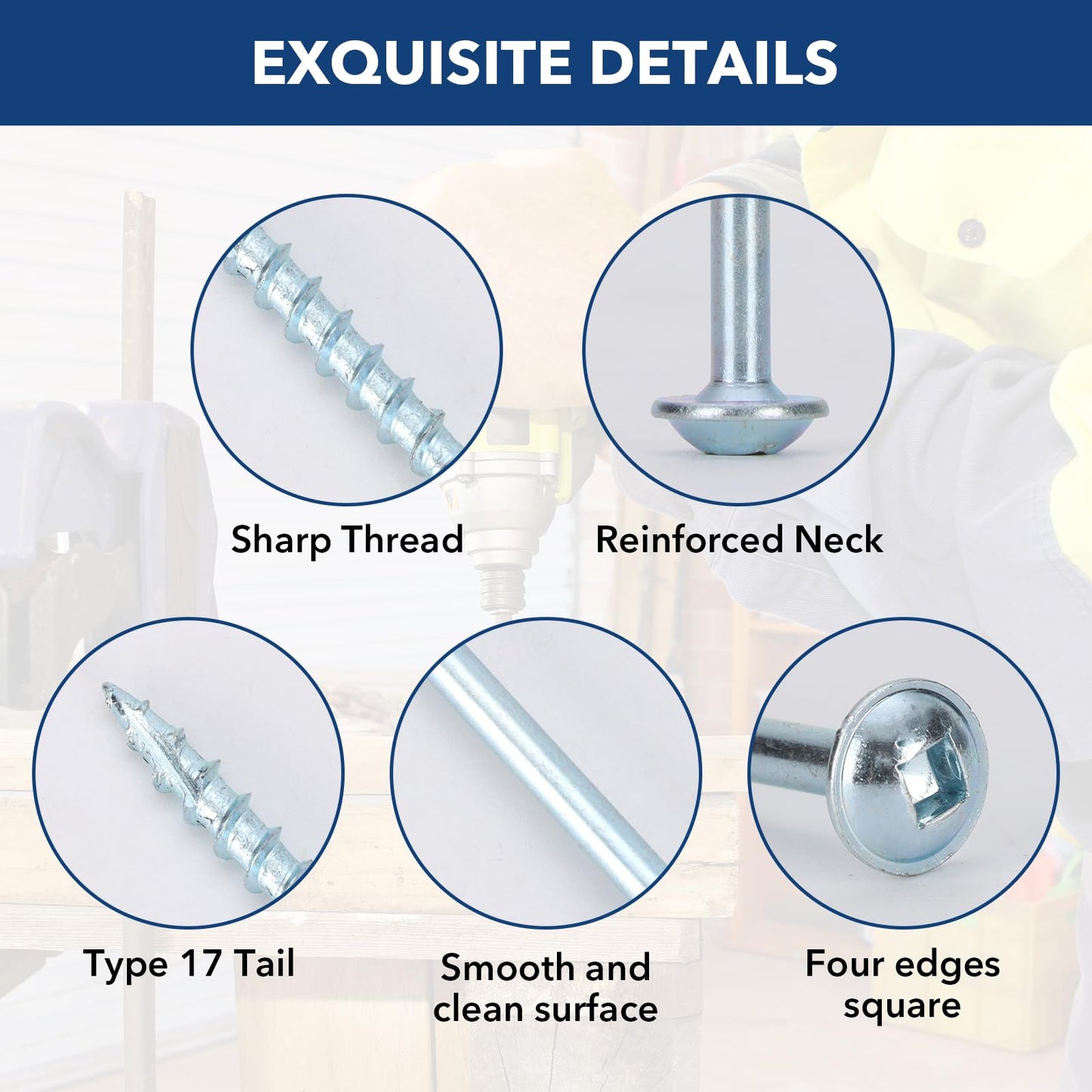 Bobibbi Pocket Hole Screws #8x2-1/2 Zinc, Coarse Thread Wood Screws, Washer Head with Square Drive 300Pcs, 150MM Drive Bit Included
